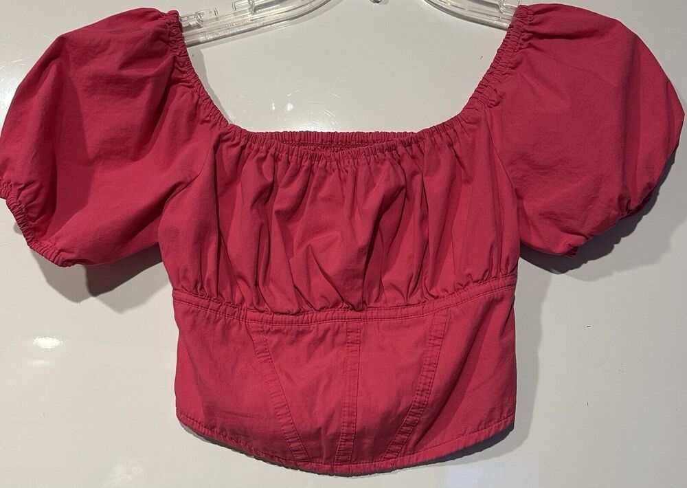 Japna Smocked Crop Top Xsmall Hot Pink Puff Sleeve On/Off Shoulder